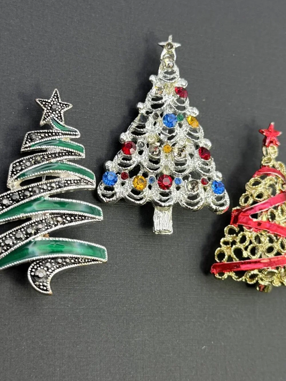 Christmas Tree Brooch Lot of 3 Enamel Rhinestone Holiday Pins Gold Silver Tone
